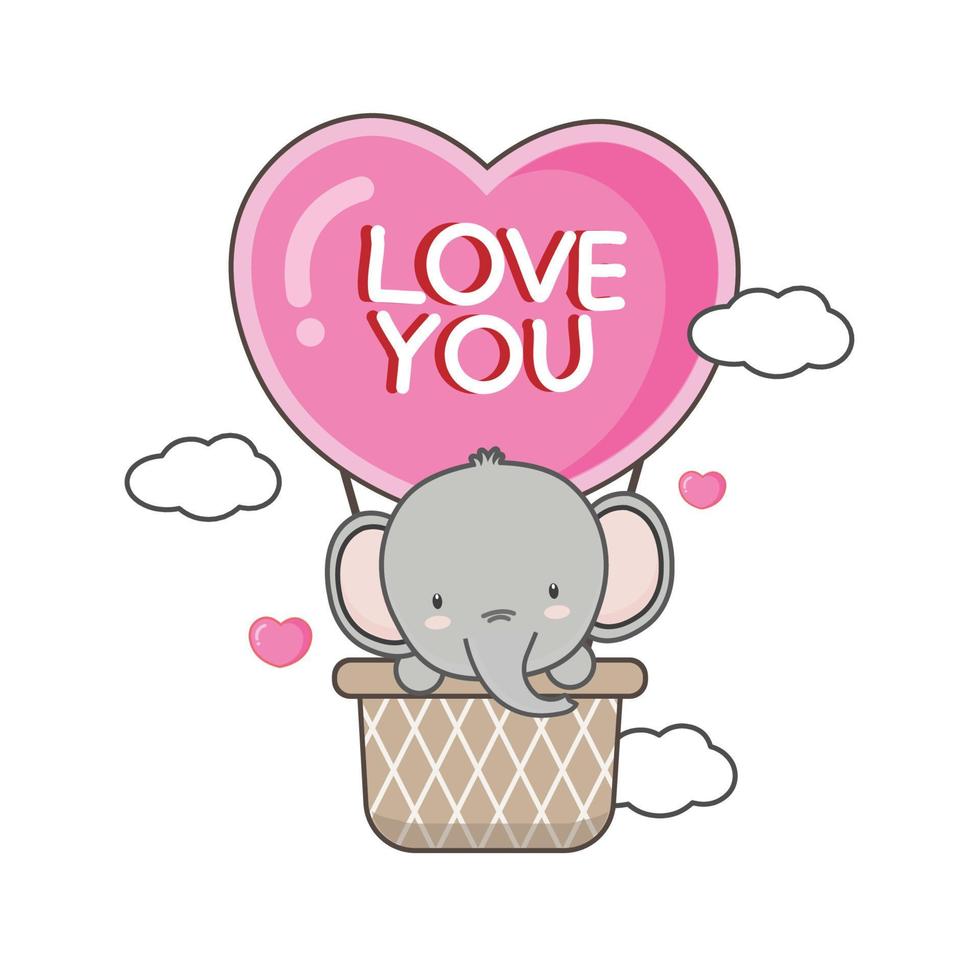 Cute Elephant in hot air balloon.Valentine's day card. vector