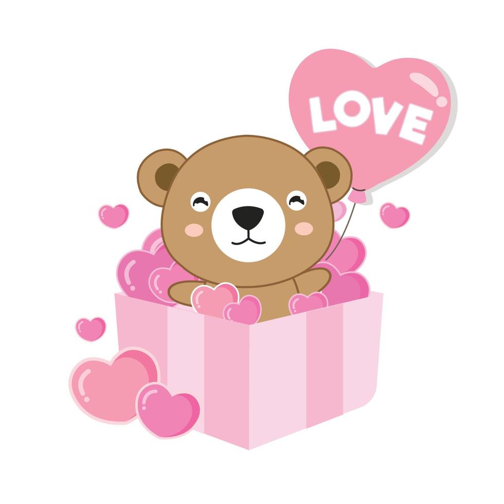 lindo oso sosteniendo un globo rosa y siéntate en la caja de regalo. vector