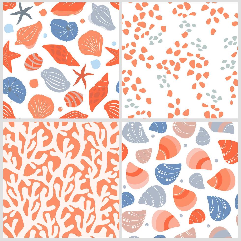 The set is a seamless pattern with marine ocean inhabitants, a collection of shells, corals, water with air bubbles. Sea abstract print. Vector graphics.