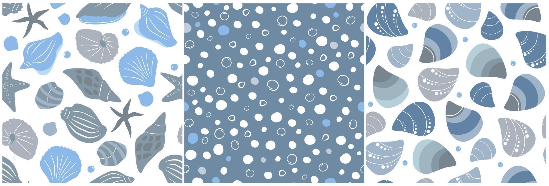 The set is a seamless pattern with marine ocean inhabitants, a collection of shells, water with air bubbles. Sea abstract print. Vector graphics.