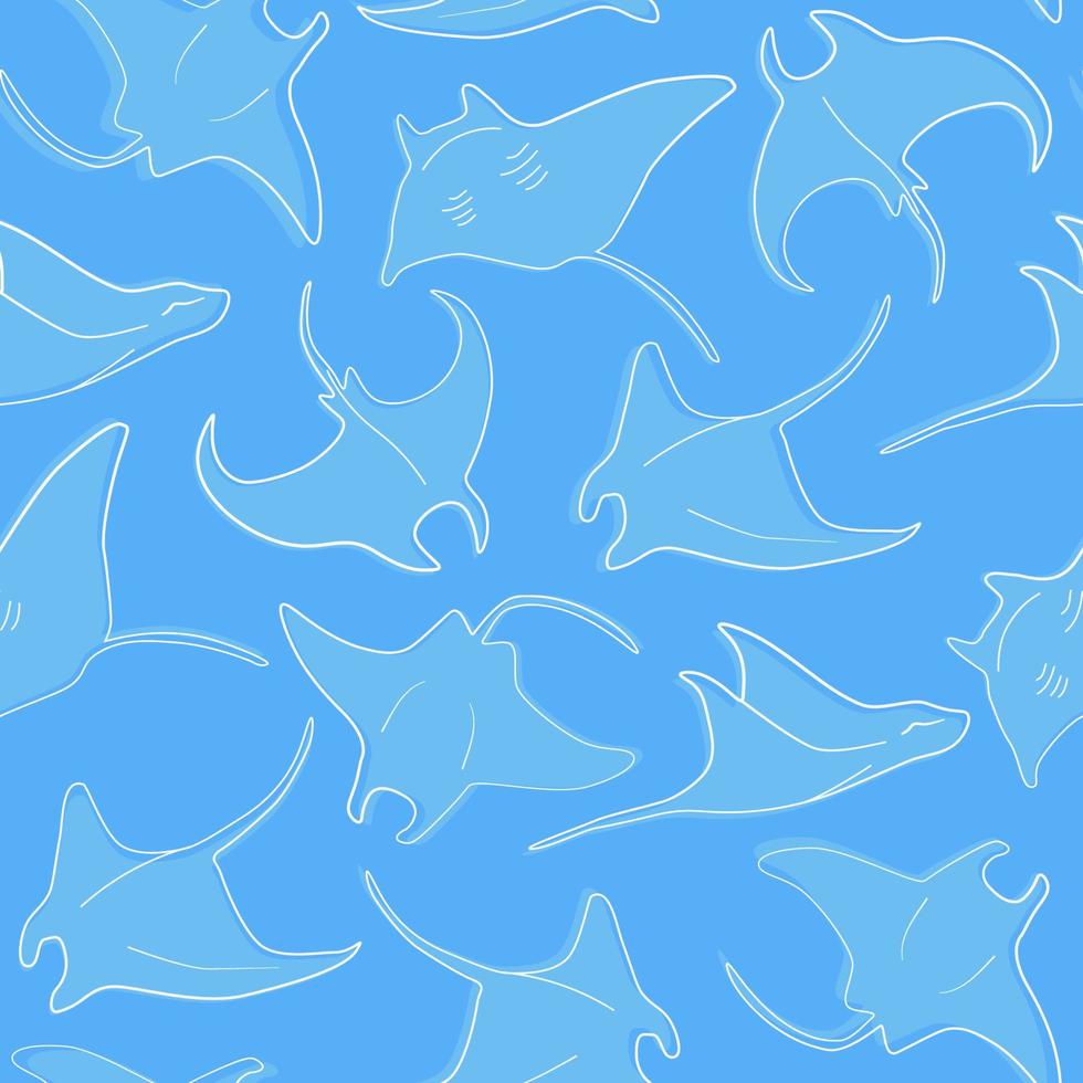 Seamless pattern with sea creatures stingrays. Abstract marine print with silhouettes of fish on the background of water. Vector graphics.