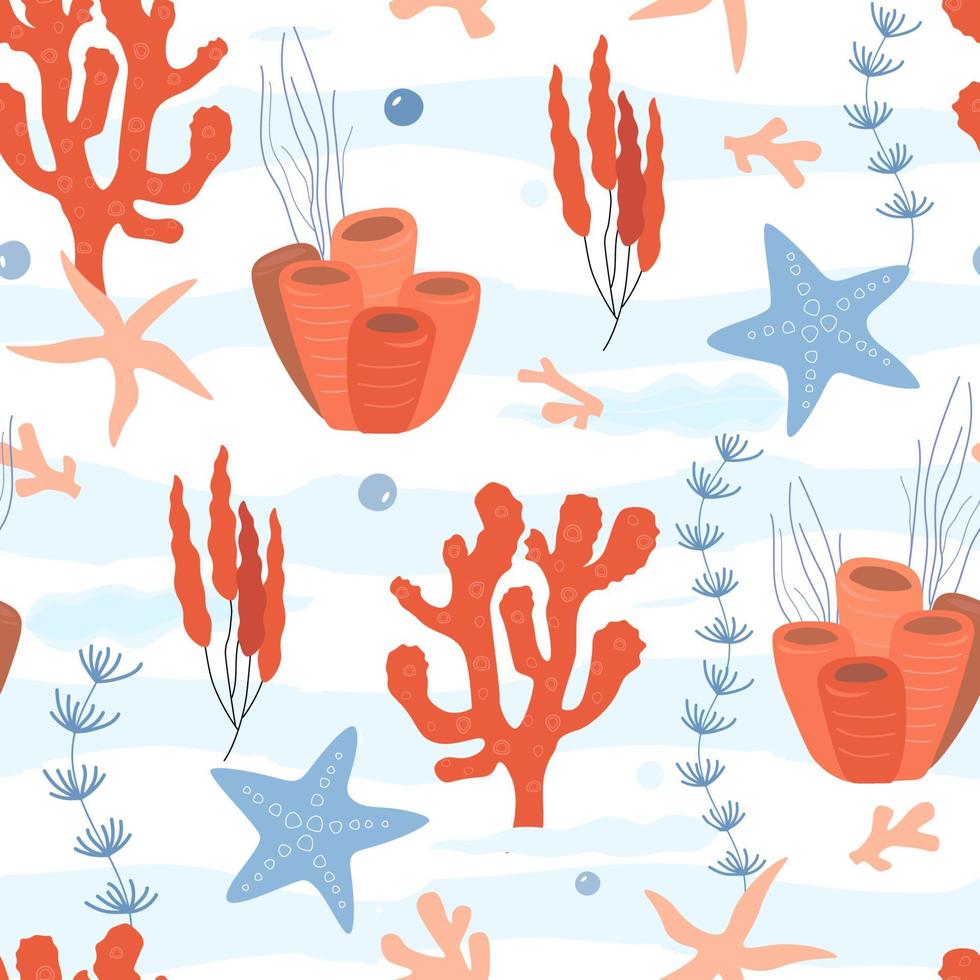 Seamless pattern with coral reef, seabed. Print with seaweed, stars, waves. Vector graphics.