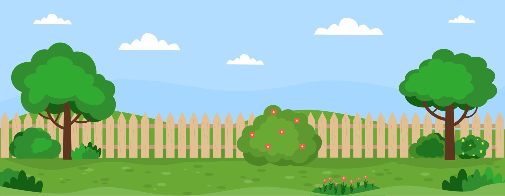 banner con paisaje de jardín. árboles, arbustos, hierba, flores, césped. ilustración vectorial en estilo plano. vector