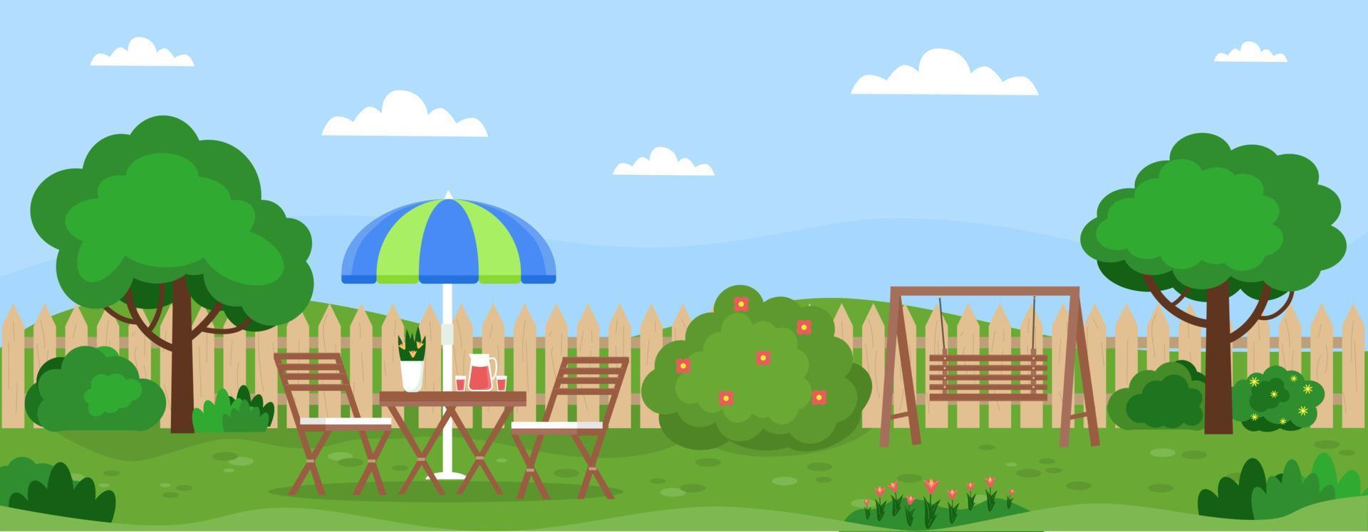 Horizontal banner with house backyard,  trees, bushes, lawn, flowers. Relax zone with table, chairs, swing. Vector illustration in flat style.