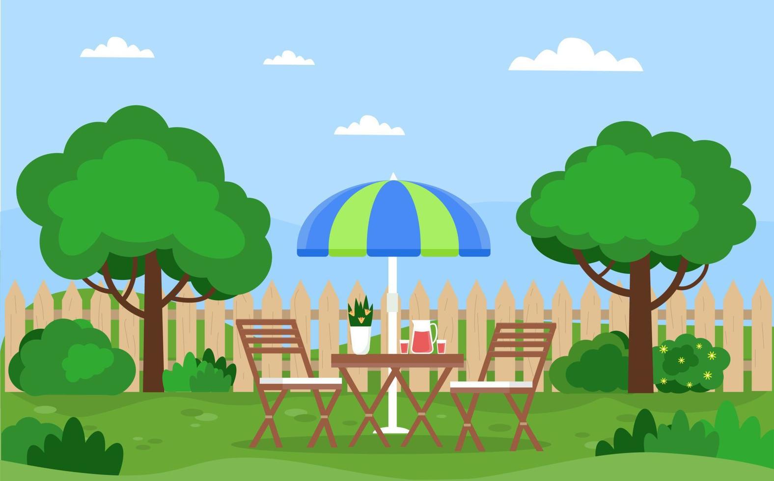 House backyard with relax zone, trees, bushes, lawn, flowers. Vector illustration in flat style.