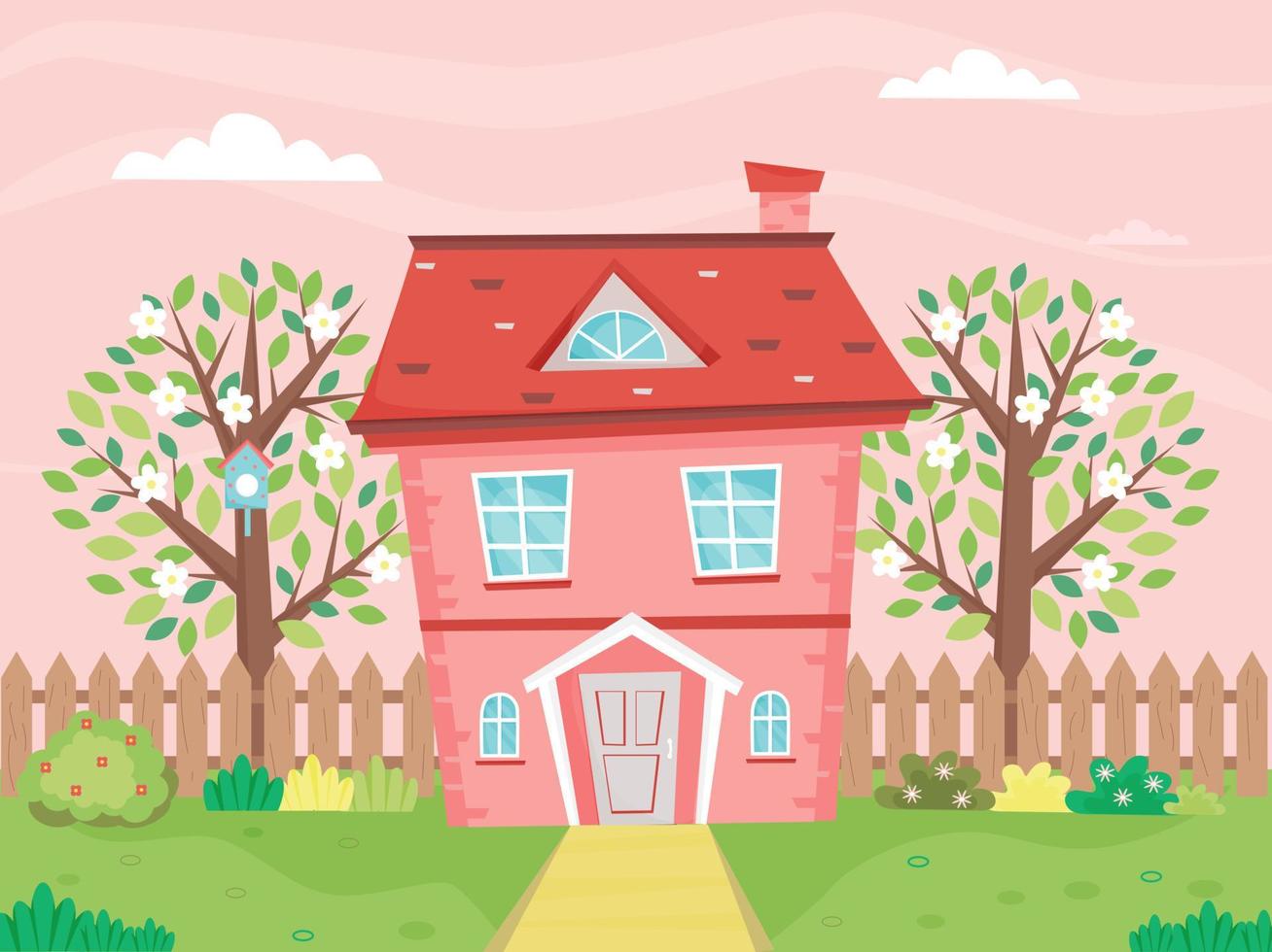 Spring landscape with cute house surrounded with trees in blossom. Farm, cottage, house at spring time. House, trees, bushes, flowers. lawn, meadow, grass. Vector illustration.