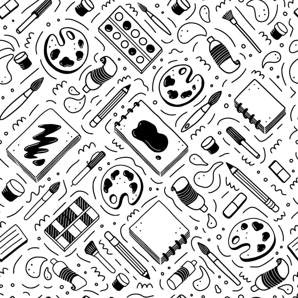 Hand drawn seamless pattern of creatives themes doodle element set. Vector illustration.