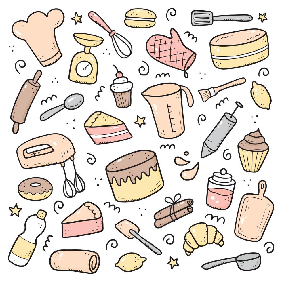 Hand drawn set of baking and cooking elements vector