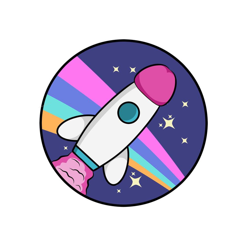 illustration vector graphic of rocket in space,rainbow,suitable for print,background,etc