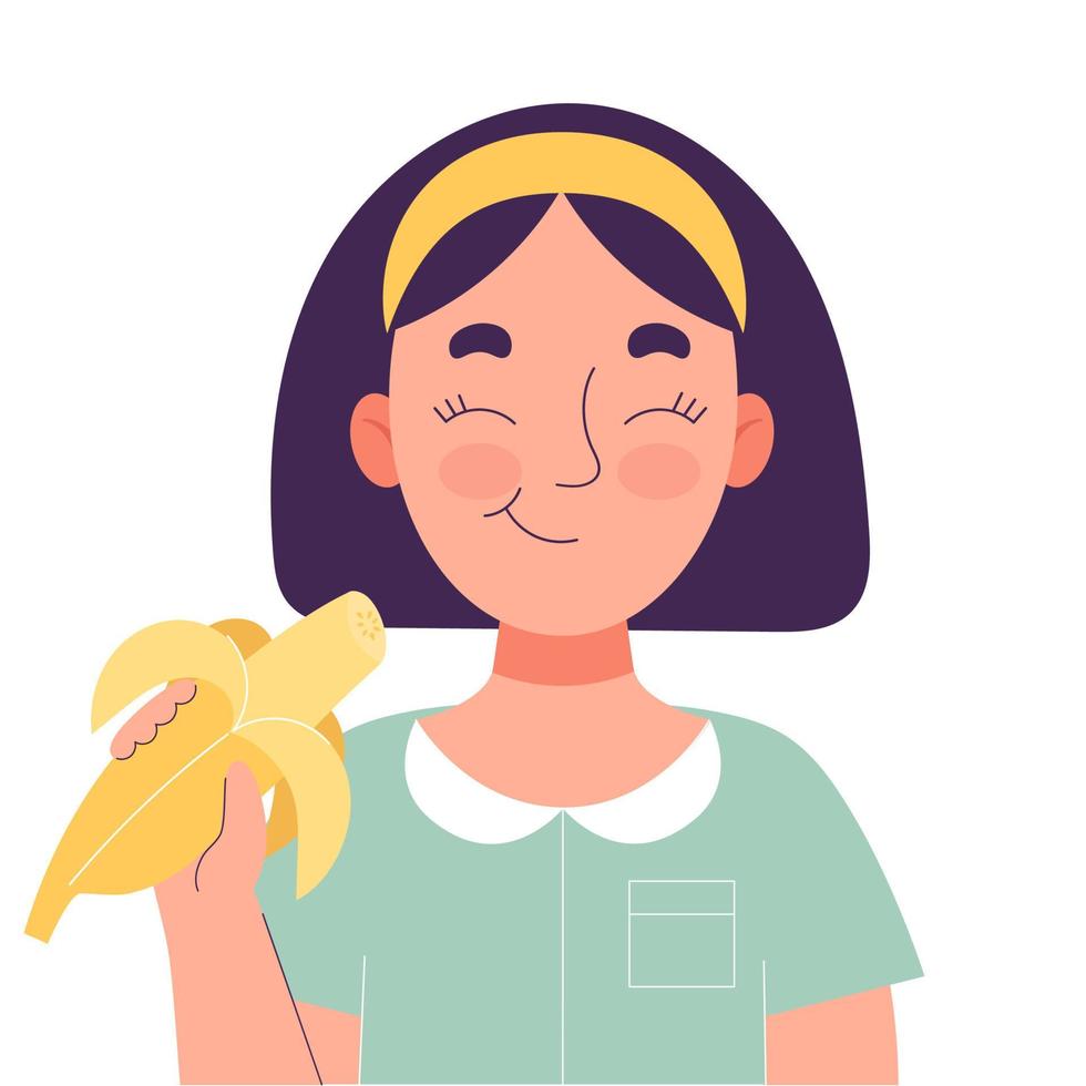 linda niña comiendo plátano. concepto de comida saludable, refrigerio saludable. frutas, vitaminas. ilustración aislada de vector plano sobre fondo blanco