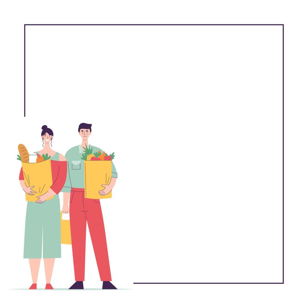 feliz hombre y mujer se paran a toda altura y sostienen bolsas de papel con comida.plantilla, espacio para texto.compras en supermercado ilustración vectorial de dibujos animados plana aislada sobre fondo blanco vector