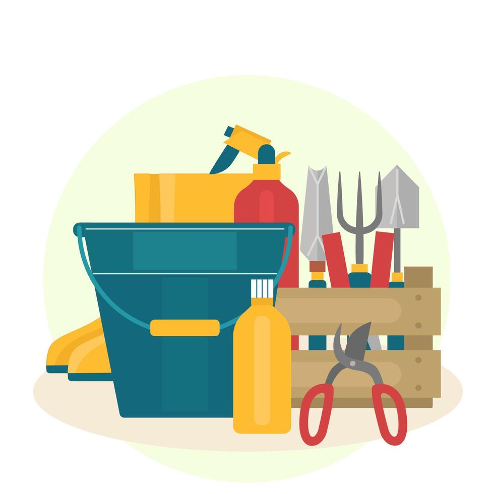 Garden tool.Composition of rubber boots, bucket, pruner, shovel, fork, bottle of fertilizer.Spring planting.Flat vector illustration