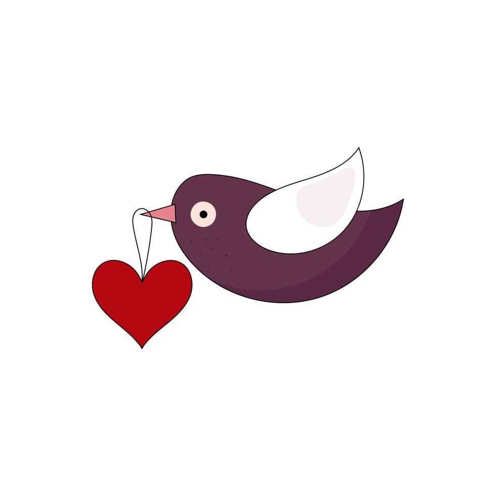 lindo pájaro con un corazón en el pico. decoración navideña para el día de san valentín. ilustración vectorial aislado sobre fondo blanco. vector