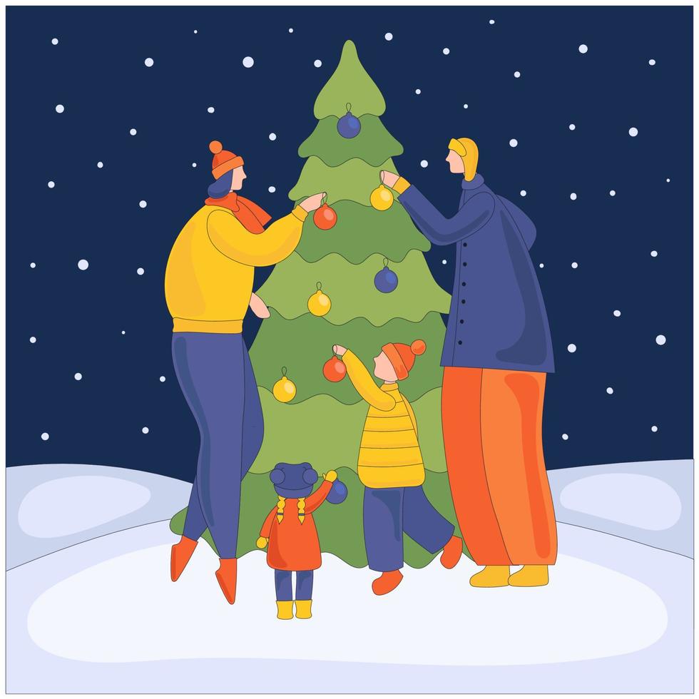familia feliz decora el árbol de navidad con globos. una reunión de padres e hijos para prepararse para las vacaciones. vector de dibujos animados plana