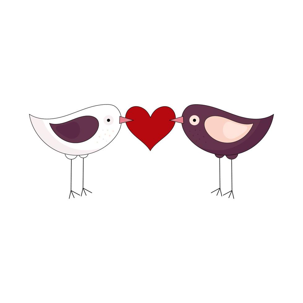 Two cute birds are holding a heart in their beak. Holiday decoration for Valentine's Day. Vector illustration isolated on white background.