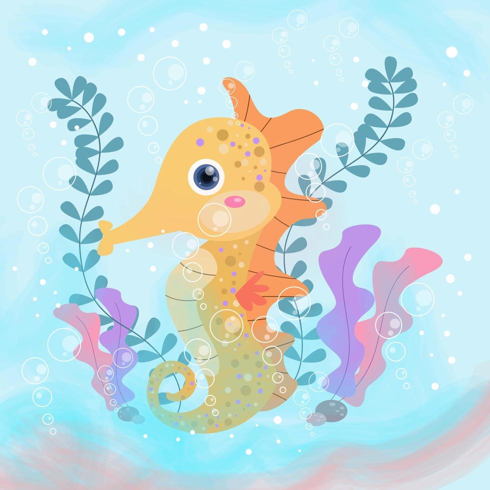 Greeting card with cute seahorse fantasy illustration vector