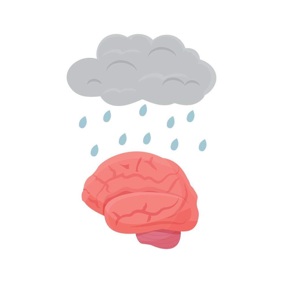 Metaphor cloud with rain drops and human brain organ isolated on white background. Stress, worry, trouble and mental health concept. Psychology symptoms symbol. Vector illustration