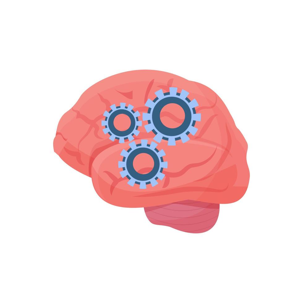 Brain human organ with cogwheels, productivity and mental health concept isolated on white background. Creative symbol of efficiency, development system. Vector illustration