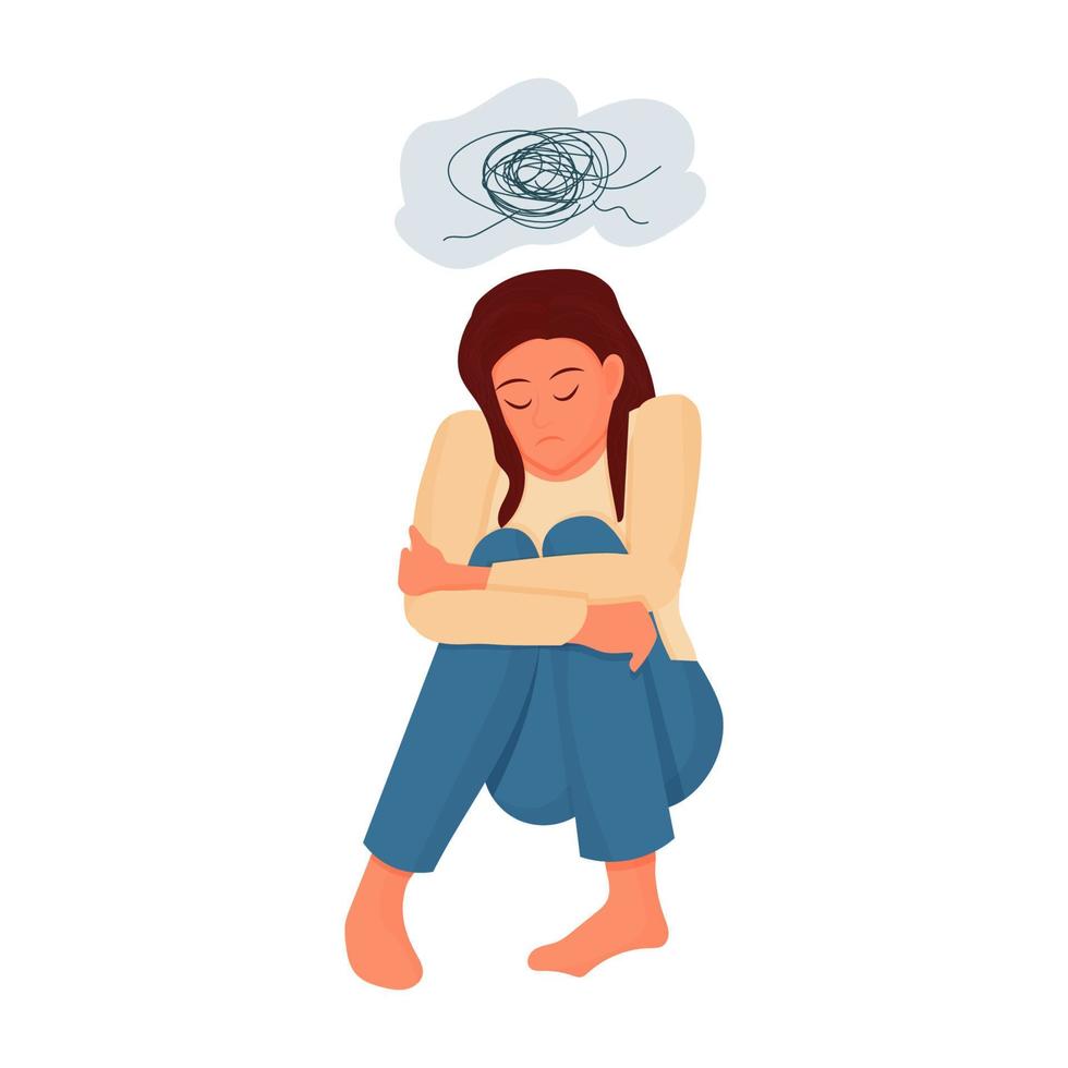 mujer joven triste e infeliz sentada con malos pensamientos aislada en el fondo blanco. psicología, depresión, estrés emocional. ilustración vectorial plana. vector