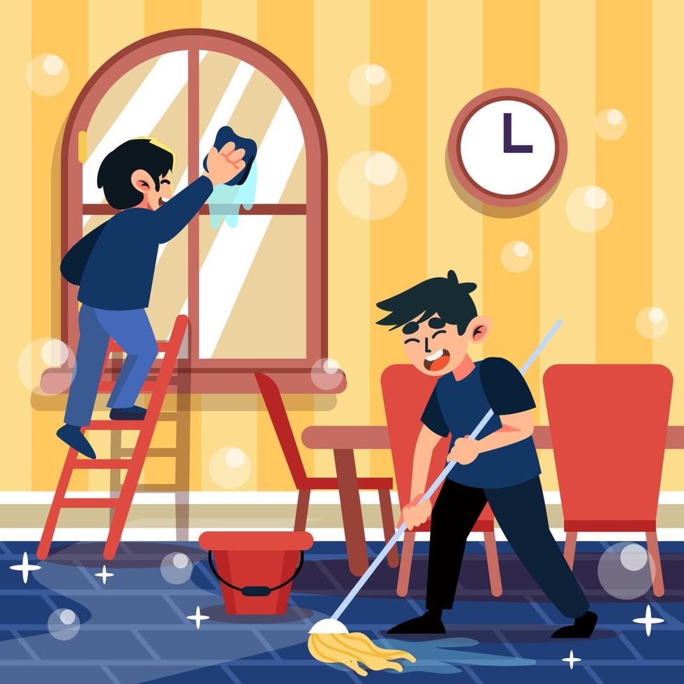 Cleaning Home with Brother on Spring vector