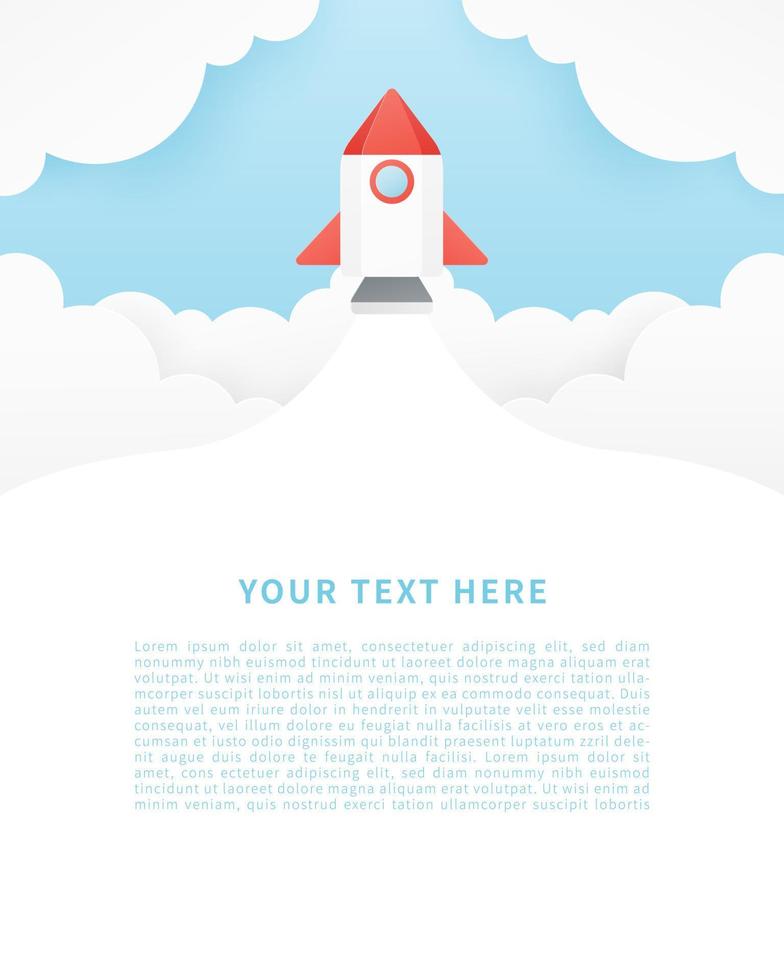 Space rocket launch. Paper art of rocket flying to the sky. Design for banner, flyer, background, poster. Paper cut style. Vector illustration.