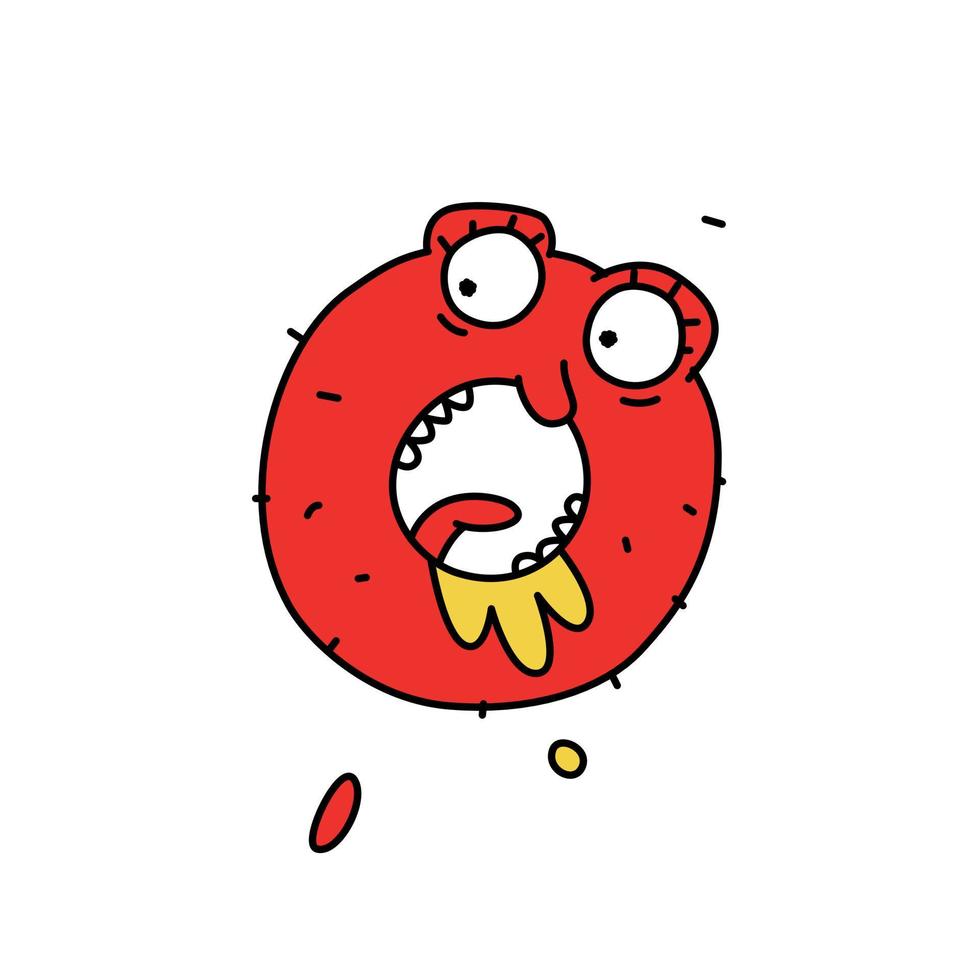 The letter O in the form of a donut character. Vector. Flat outline style. Logo for the company. Latin letter. Company logo. Funny red character with open mouth. vector