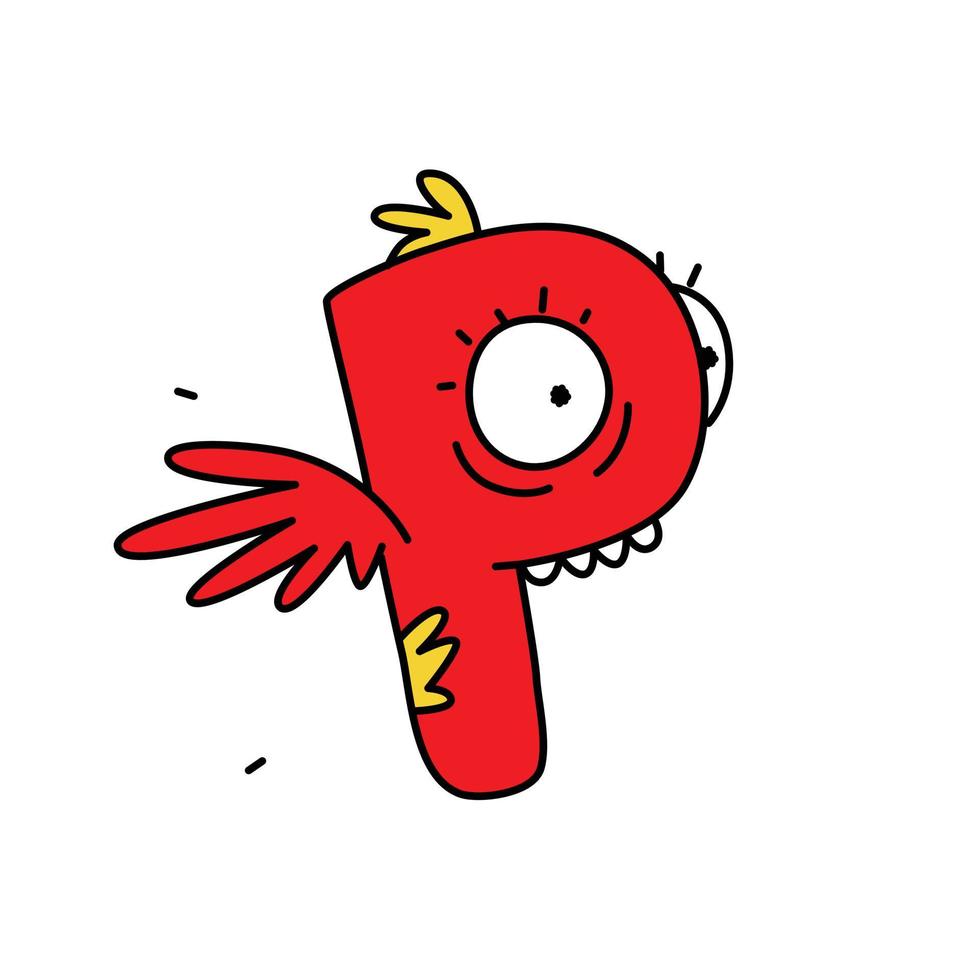 The letter P in the form of a character with wings. Vector. Flat outline style. Logo for the company. Latin letter. Company logo. Funny red character. vector