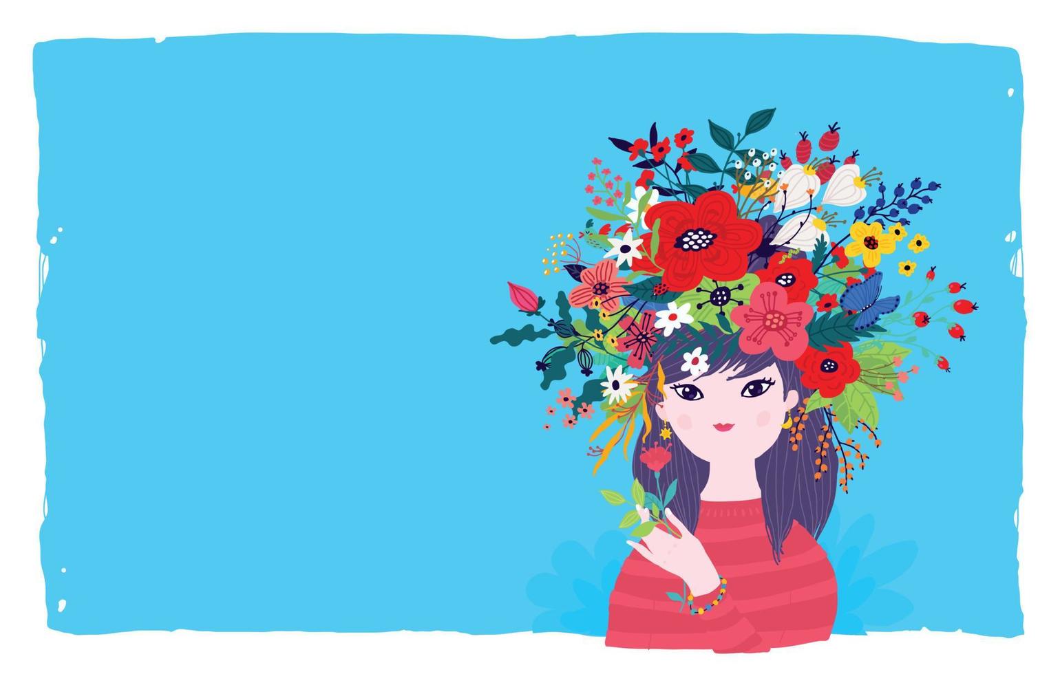 ilustración de una niña de primavera en una corona de flores sobre un fondo azul. vector. ilustración para banner, tarjeta de felicitación. imagen para el 8 de marzo y el día de la madre. estilo de dibujos animados vector