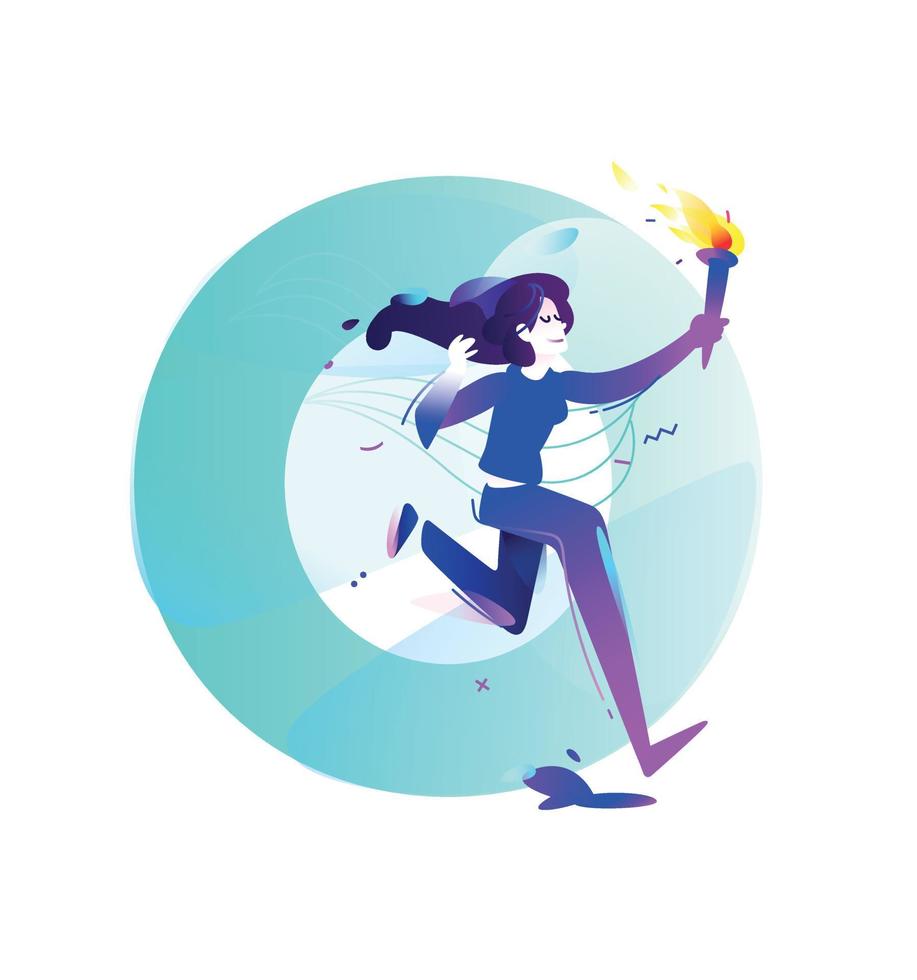 ilustración de una chica con una antorcha. chica que corre. ilustración plana vectorial. ilustración para banner e impresión. la imagen está aislada en el fondo blanco. degradado. la puesta en marcha letra o. vector