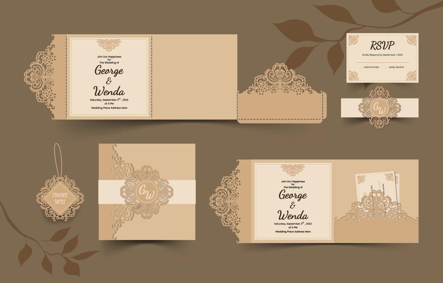 conjunto de invitación de boda con adorno de flor cortada en papel vector