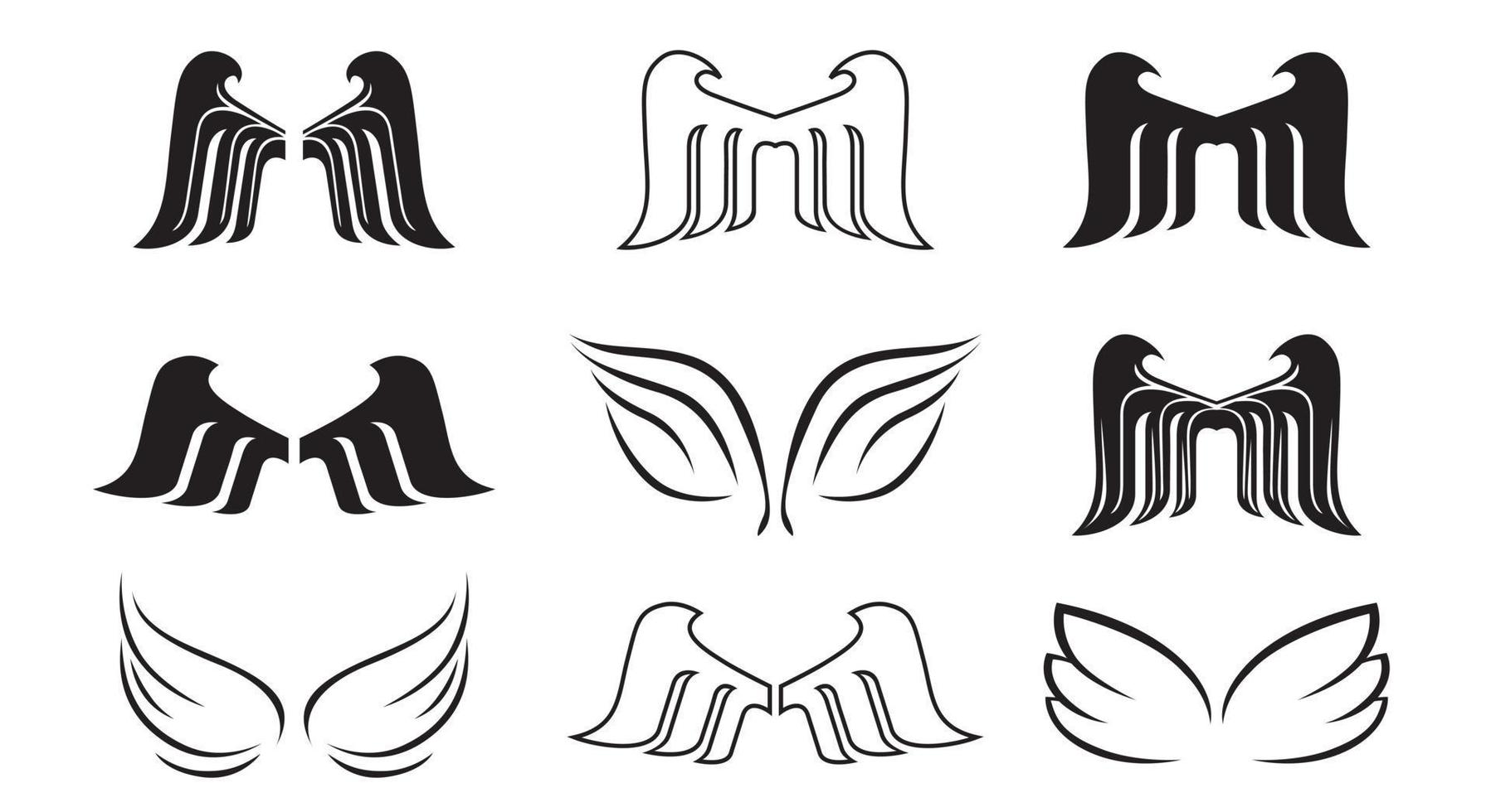 Set of Black Angel Wings. Vector Illustration and outline Icons.