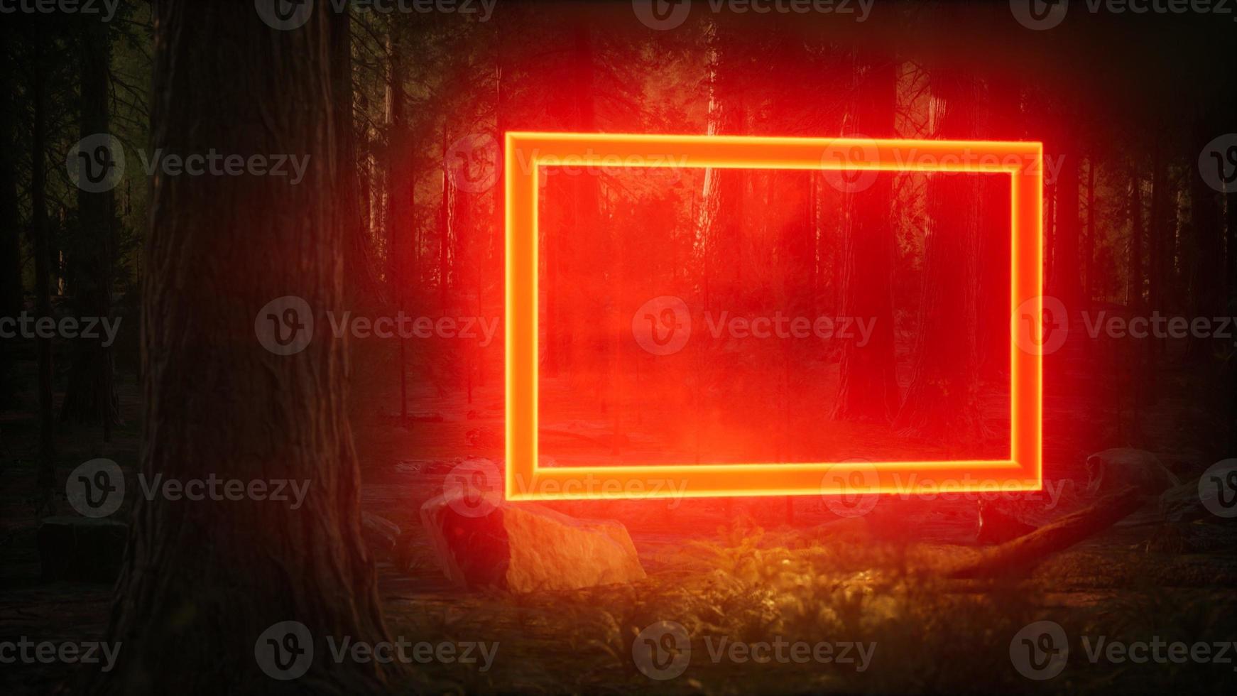 Neon glowing rectangle frame in the night forest photo