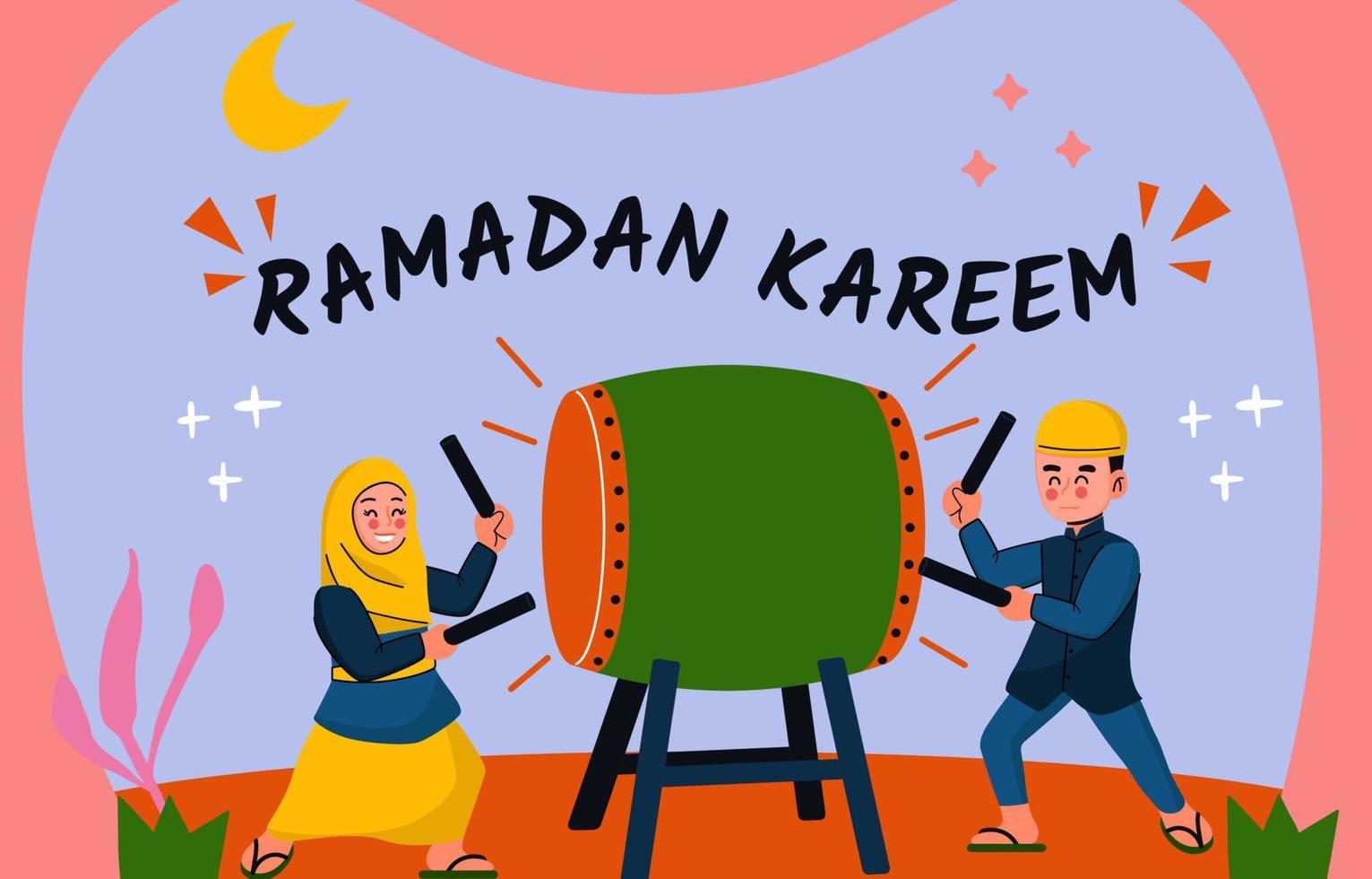 Children Hit the Bedug to Celebrate Ramadan vector