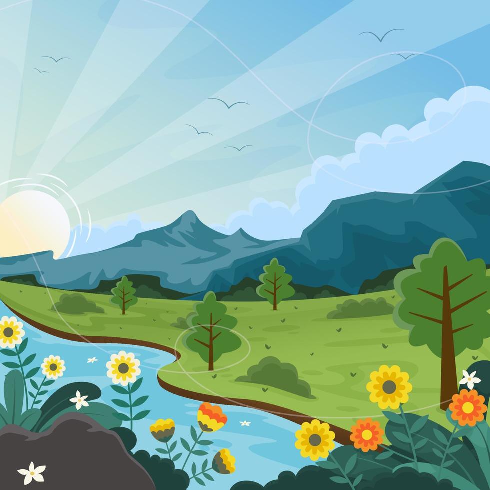 paisaje río de montaña con escena de amanecer vector