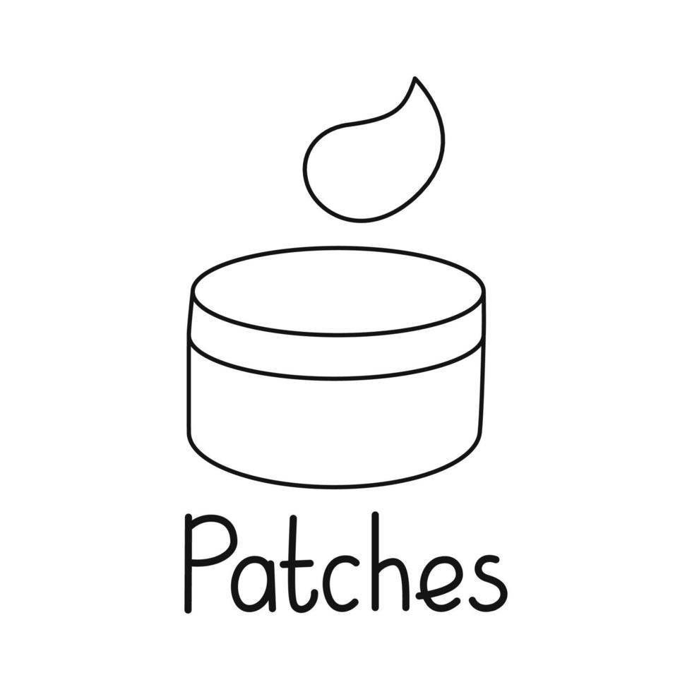 Icon is a linear jar with eye patches with text. Contour symbol for cosmetics, website design. Vector isolated illustration.
