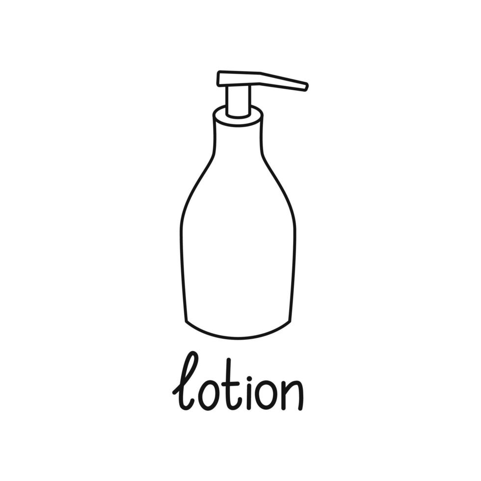 Linear lotion icon with text. Contour symbol for cosmetics, design website. Vector isolated illustration.