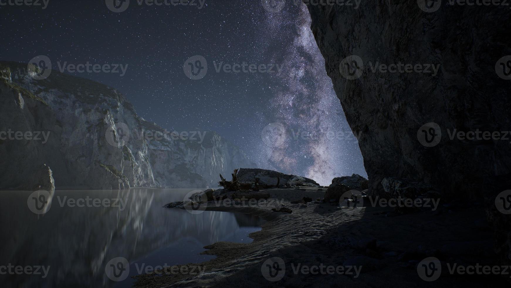 hyperlapse of night starry sky with mountain and ocean beach in Lofoten Norway photo
