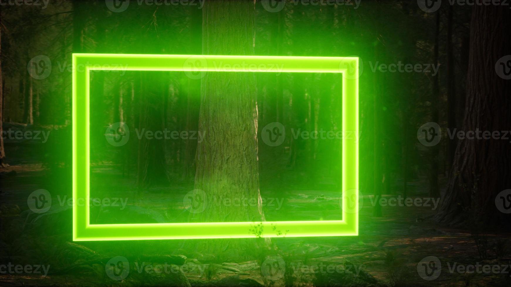 Neon glowing rectangle frame in the night forest photo