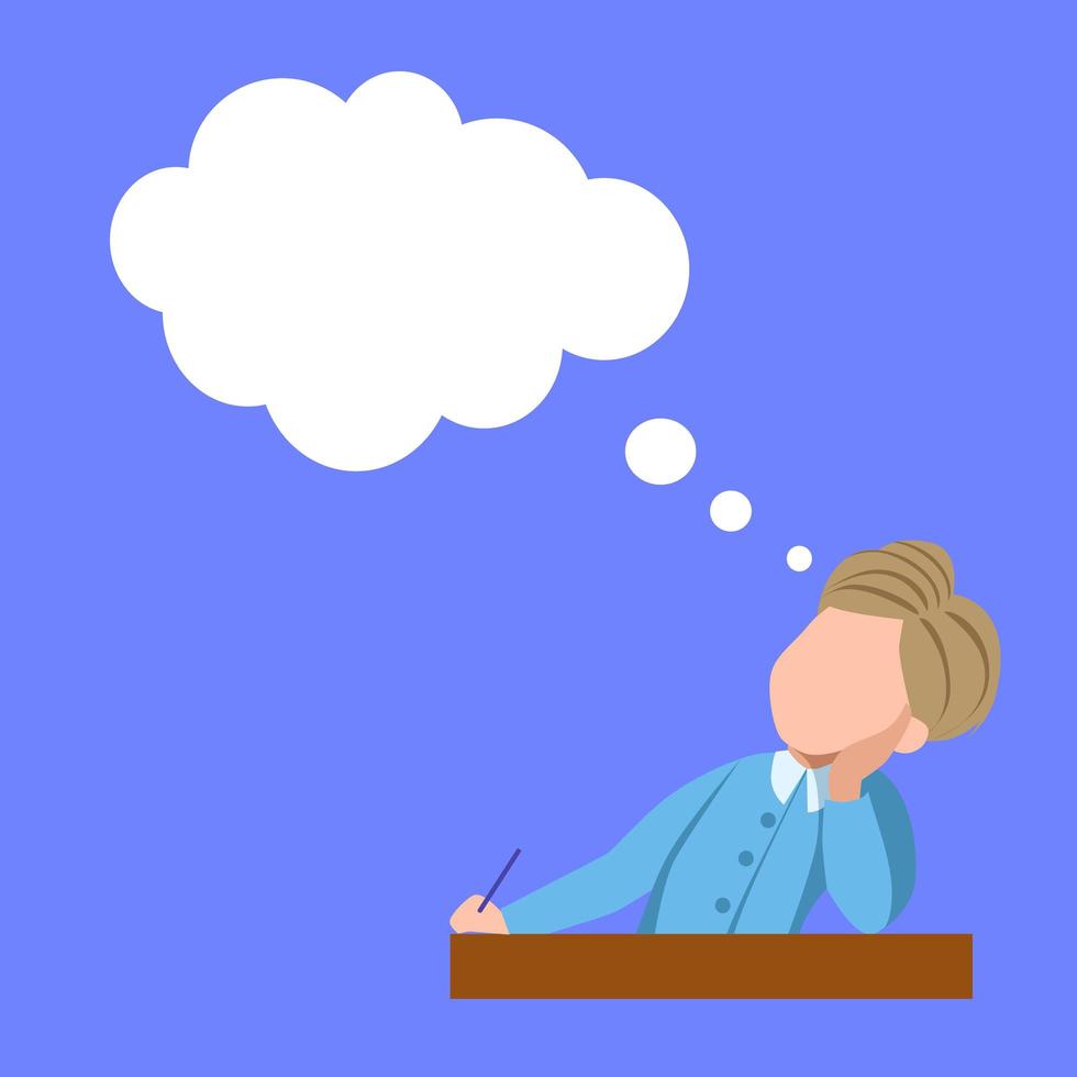 In class, the boy thinks. A man sits at a table up to his waist and writes something. white cloud for text. vector