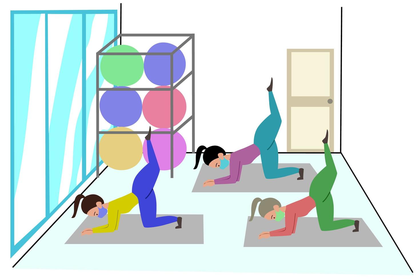 las mujeres están entrenando en grupo en el gimnasio de pilates durante la pandemia. las chicas hacen ejercicios con máscaras médicas. Clases de yoga durante el período del coronavirus. vector