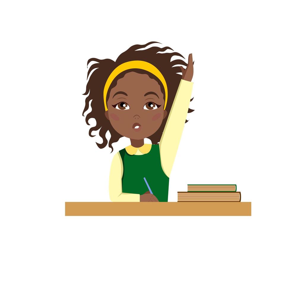 A schoolgirl is sitting at a Desk. A dark-skinned Girl answers the question. Vector illustration on a white isolated background. Stock image.