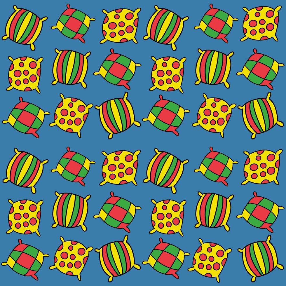 Pattern of multicolored pillows with stripes, polka dots and a cage. Soft element of furniture and beds. Sleep and rest icon. vector