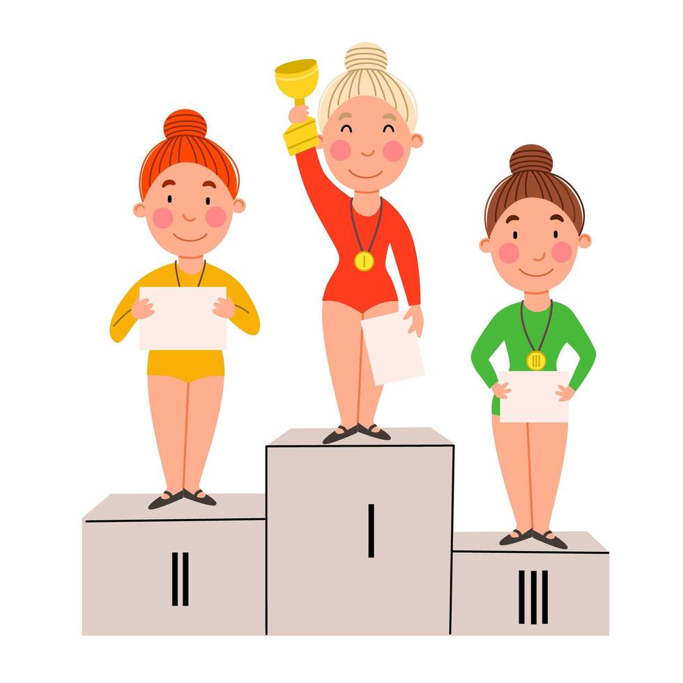 los niños ganadores de pie en el podio. chicas con diplomas y medallas. vector