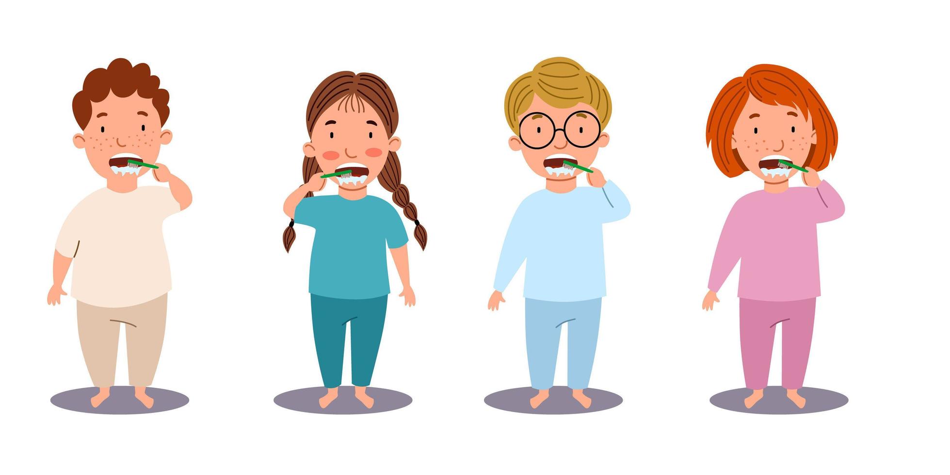 European boys and girls brush their teeth. vector