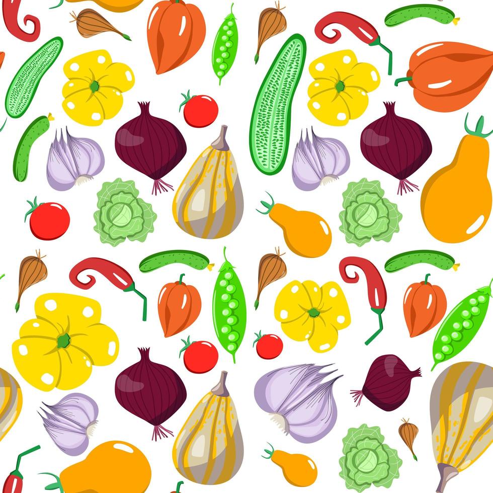 patrón sin fisuras con verduras en un estilo de dibujos animados. textura vectorial iconos planos pimienta, repollo, pepino, guisante, tomate. comida saludable vegetariana. vector