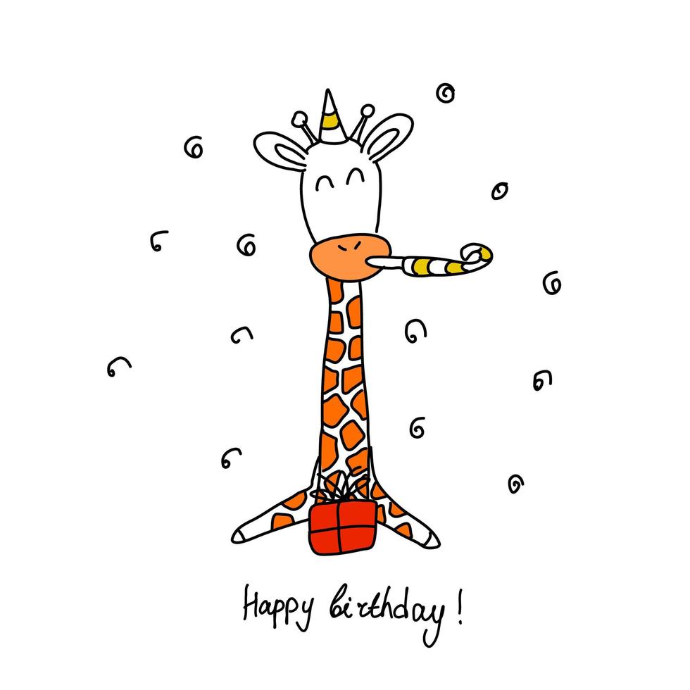 A standing giraffe isolated in a doodle style. Birthday greeting card. vector