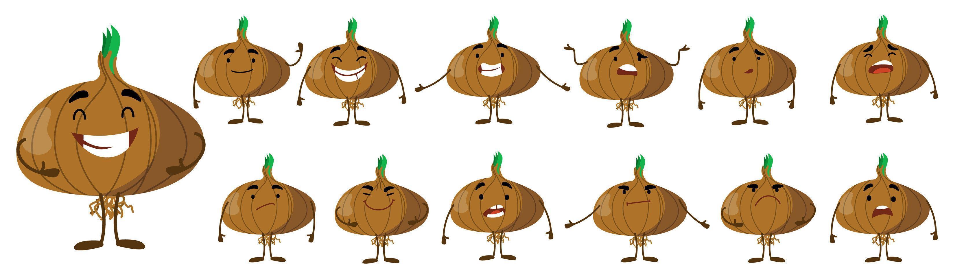 Seth is a cute onion character with different emotions. vector