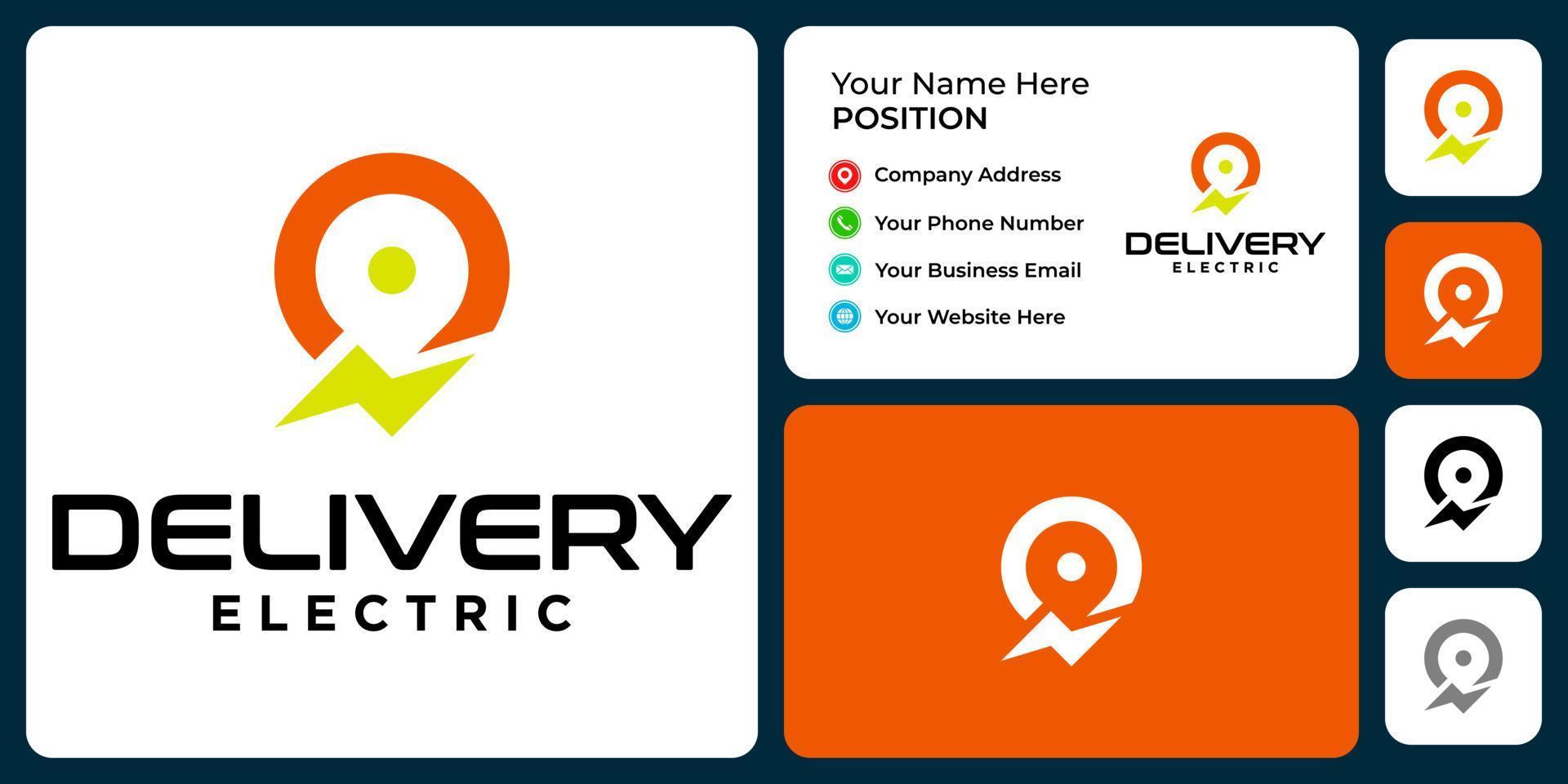 Electric and pin logo design with business card template. vector