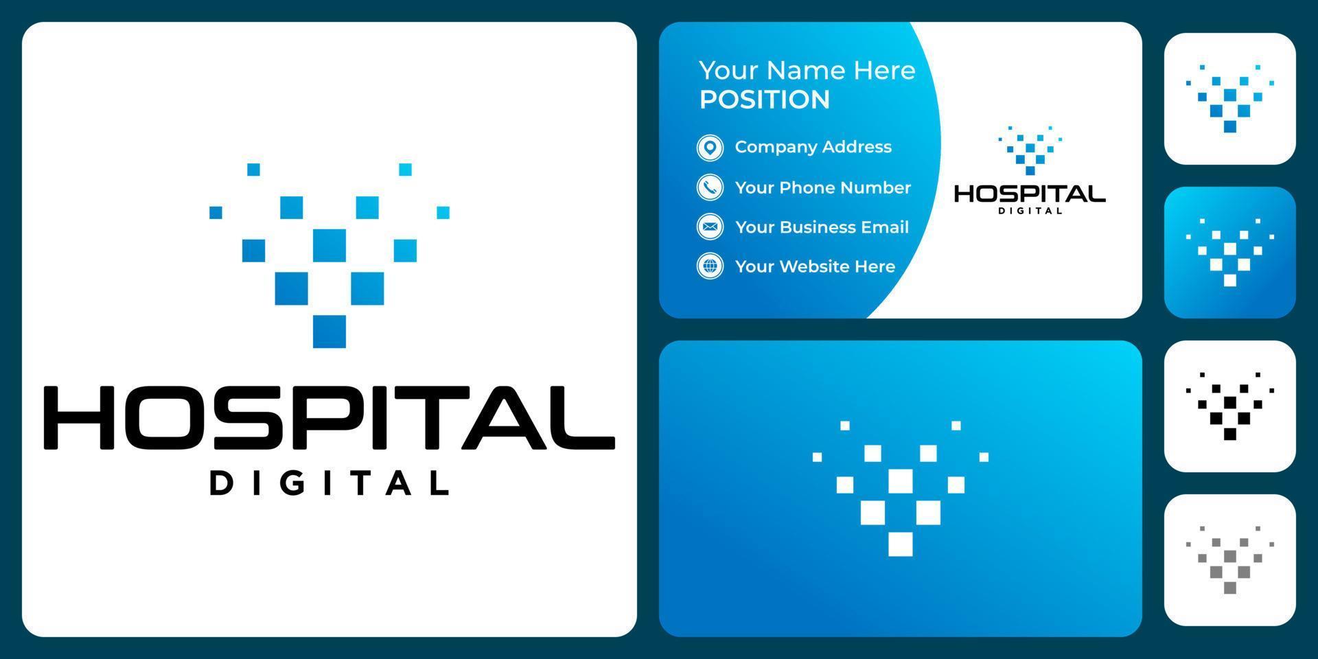 Digital health hospital logo design with business card template. vector