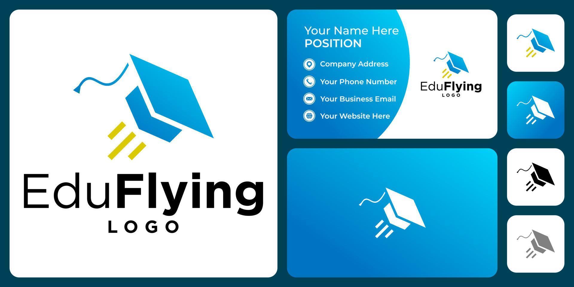 Flying academic hat logo design with business card template. vector